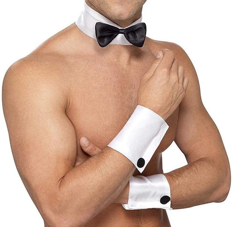 Male Stripper Set Costume Cuffs Collar & Bow Tie Waiter Fun Kit Fancy Dress