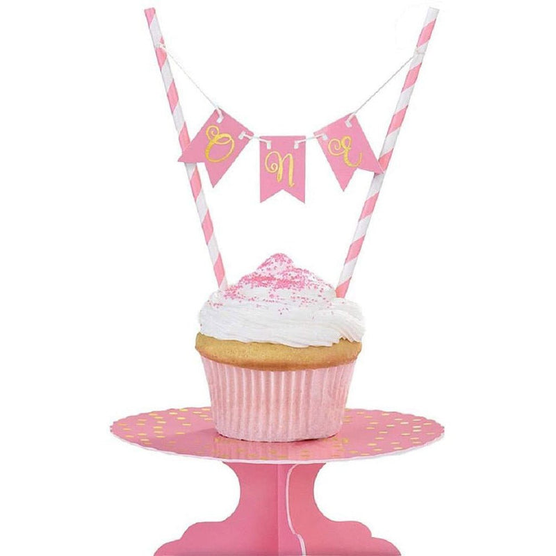 1st Birthday Pink Mini One Pennant Banner Cake Topper & Cake Stand Payday Deals