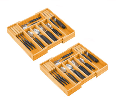 2 Pack Large Capacity Bamboo Expandable Drawer Organizer with Knife Block Holder for Home Kitchen Utensils Payday Deals