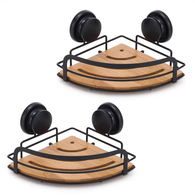 2 Pack Round Bamboo Corner Shower Caddy Shelf Basket Rack with Premium Vacuum Suction Cup No-Drilling for Bathroom and Kitchen Payday Deals