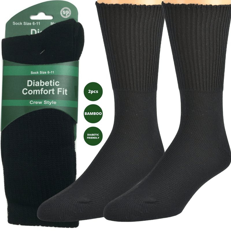 2 Pairs DIABETIC BAMBOO Socks Work Socks Medical Loose Top Crew Cushion BLACK Payday Deals