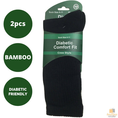 2 Pairs DIABETIC BAMBOO Socks Work Socks Medical Loose Top Crew Cushion BLACK Payday Deals