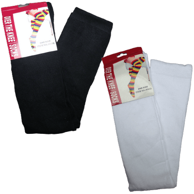 2 Pairs Ladies Over The Knee Socks Plain Black + White High Thigh Long Stockings