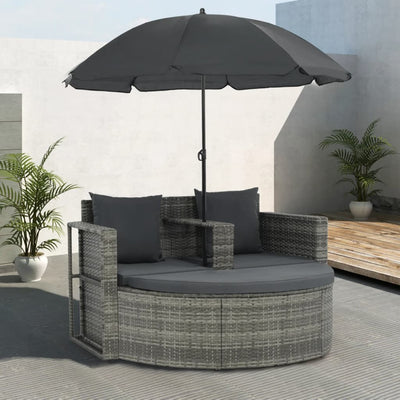 2 Seater Garden Sofa with Cushions and Parasol Grey Poly Rattan Payday Deals