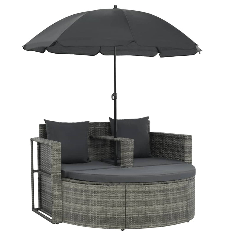 2 Seater Garden Sofa with Cushions and Parasol Grey Poly Rattan Payday Deals
