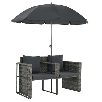 2 Seater Garden Sofa with Cushions and Parasol Grey Poly Rattan Payday Deals