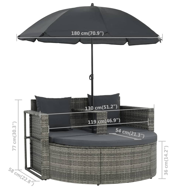 2 Seater Garden Sofa with Cushions and Parasol Grey Poly Rattan Payday Deals