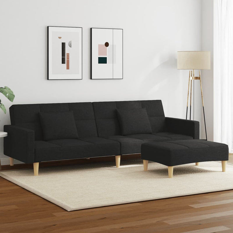 2-Seater Sofa Bed with Footstool Black Fabric Payday Deals