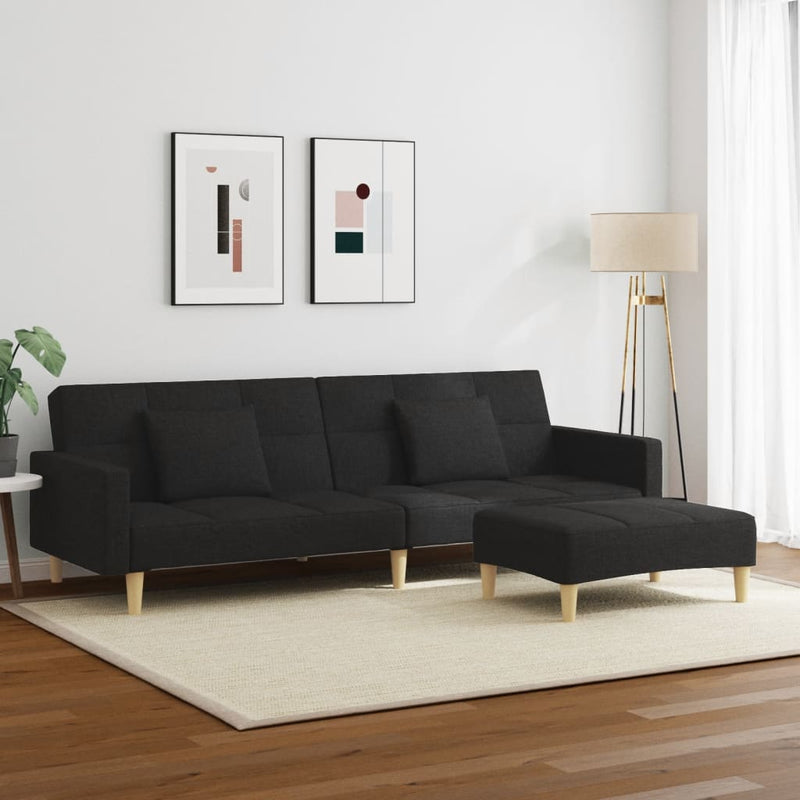 2-Seater Sofa Bed with Footstool Black Fabric Payday Deals