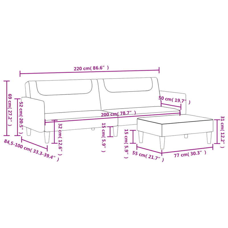 2-Seater Sofa Bed with Footstool Dark Grey Fabric Payday Deals
