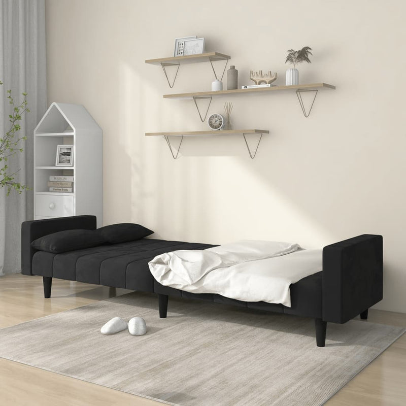 2-Seater Sofa Bed with Two Pillows Black Velvet Payday Deals