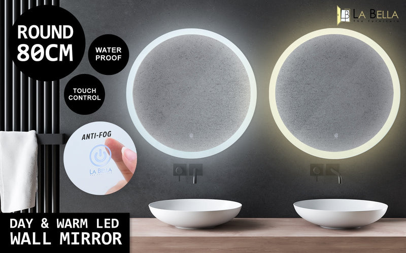 2 Set La Bella LED Wall Mirror Round Touch Anti-Fog Makeup Decor Bathroom Vanity 80cm Payday Deals