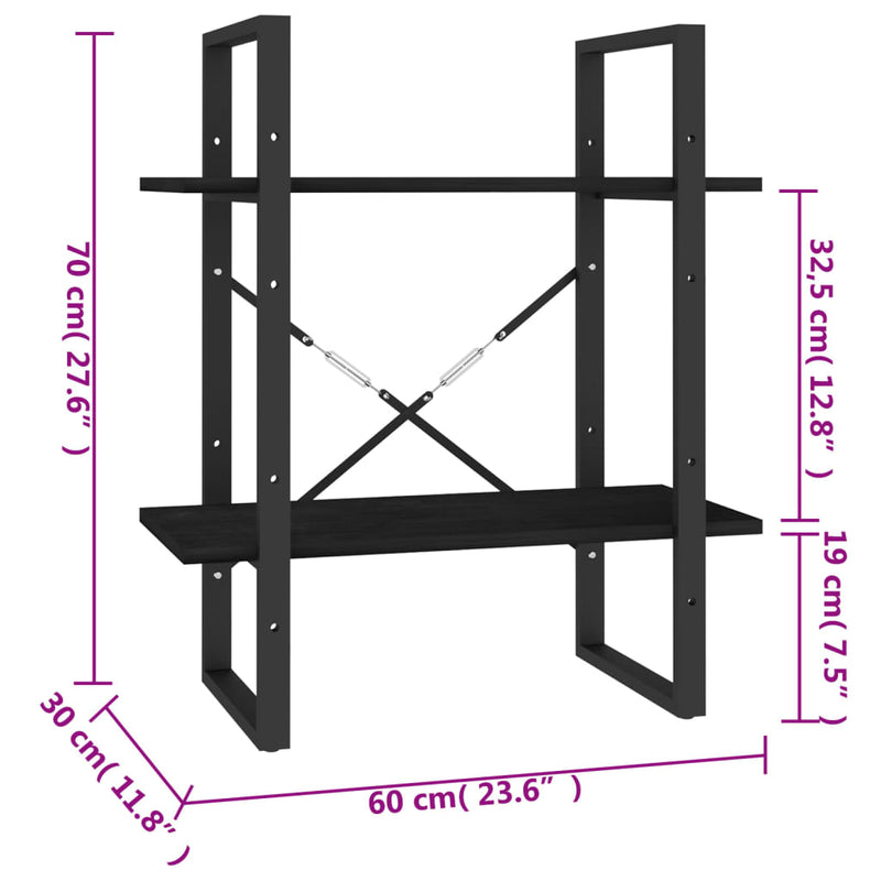 2-Tier Book Cabinet Black 60x30x70 cm Solid Pine Wood Payday Deals