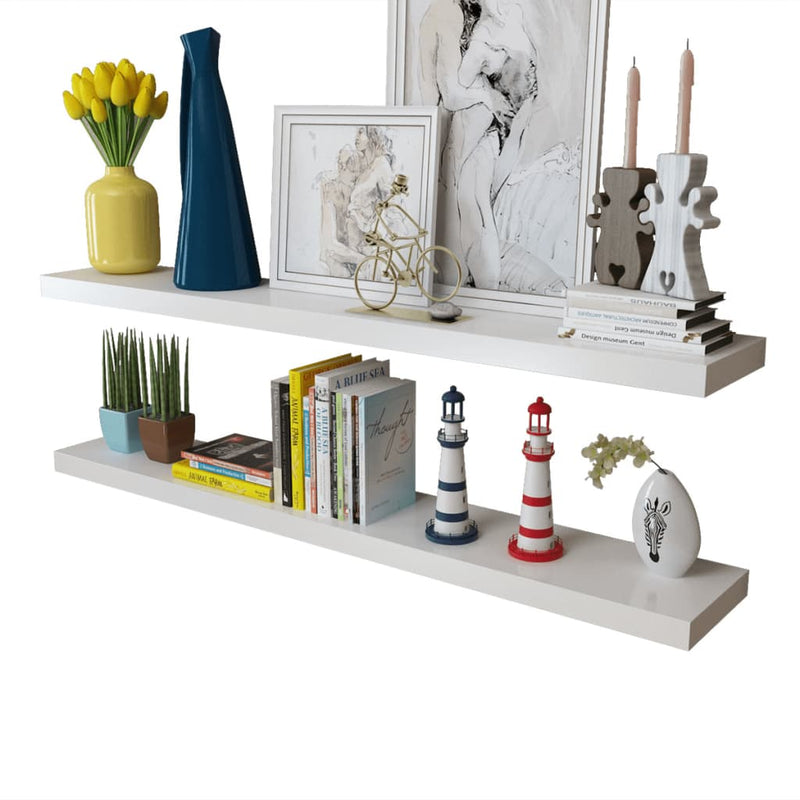 2 White MDF Floating Wall Display Shelves Book/DVD Storage Payday Deals