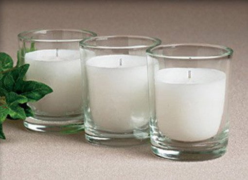 20 White Wax Clear Glass Holder Votive Candle - Wedding Event Centrepiece Table Decoration Payday Deals