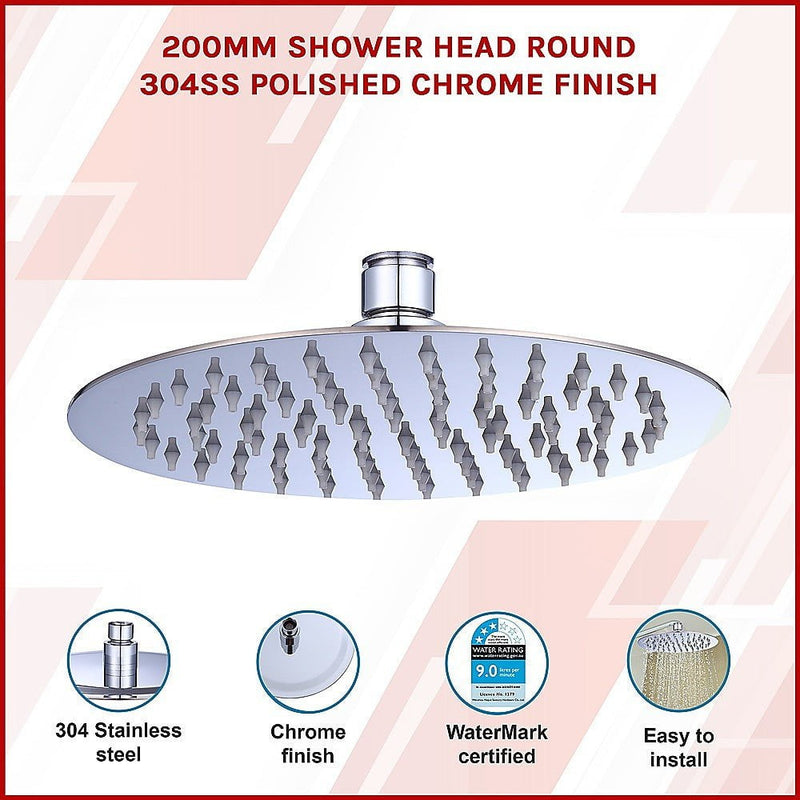 200mm Shower Head Round 304SS Polished Chrome Finish Payday Deals