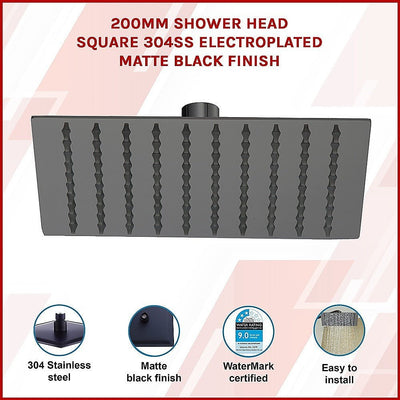 200mm Shower Head Square 304SS Electroplated Matte Black Finish Payday Deals