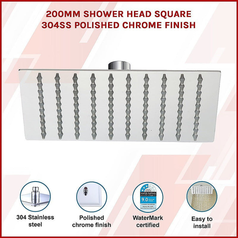 200mm Shower Head Square 304SS Polished Chrome Finish Payday Deals