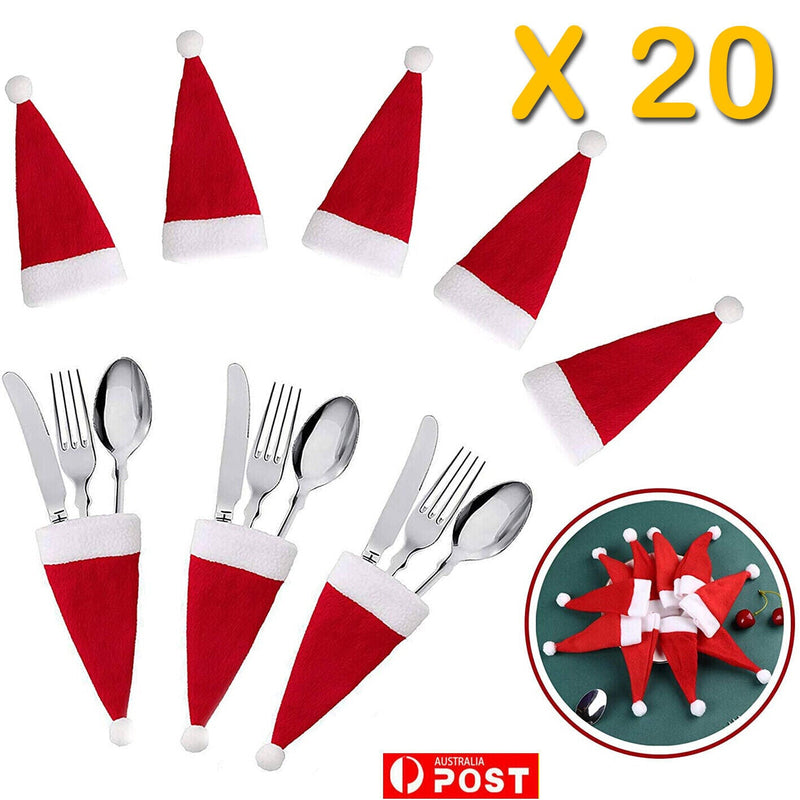 20PCS Red Hat Santa Cutlery Christmas Knife Bag Xmas Fork Holder Xmas Decoration Payday Deals