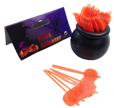 HALLOWEEN Cauldron Cupcake Party Picks Plastic Decoration Pumpkin Toothpicks - Orange
