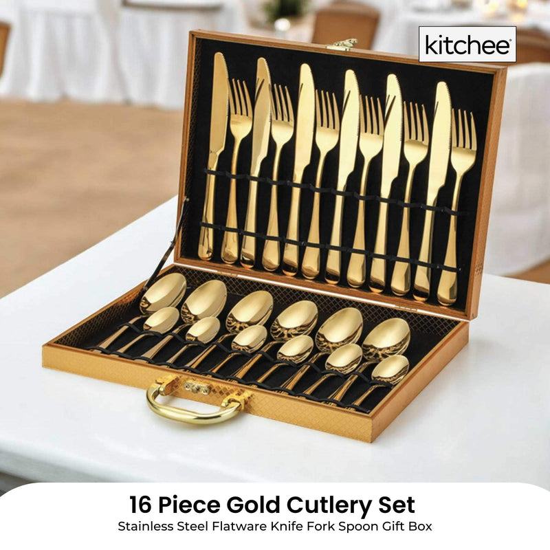 24 Piece Gold Cutlery Set - Stainless Steel Flatware Knife Fork Spoon Gift Box Payday Deals