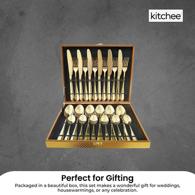 24 Piece Gold Cutlery Set - Stainless Steel Flatware Knife Fork Spoon Gift Box Payday Deals