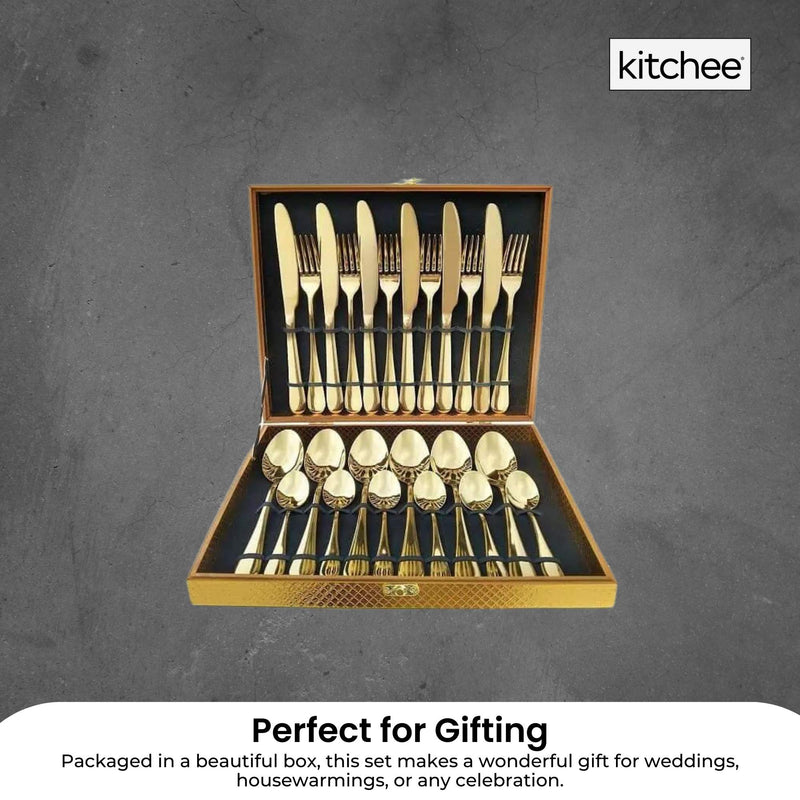 24 Piece Gold Cutlery Set - Stainless Steel Flatware Knife Fork Spoon Gift Box Payday Deals