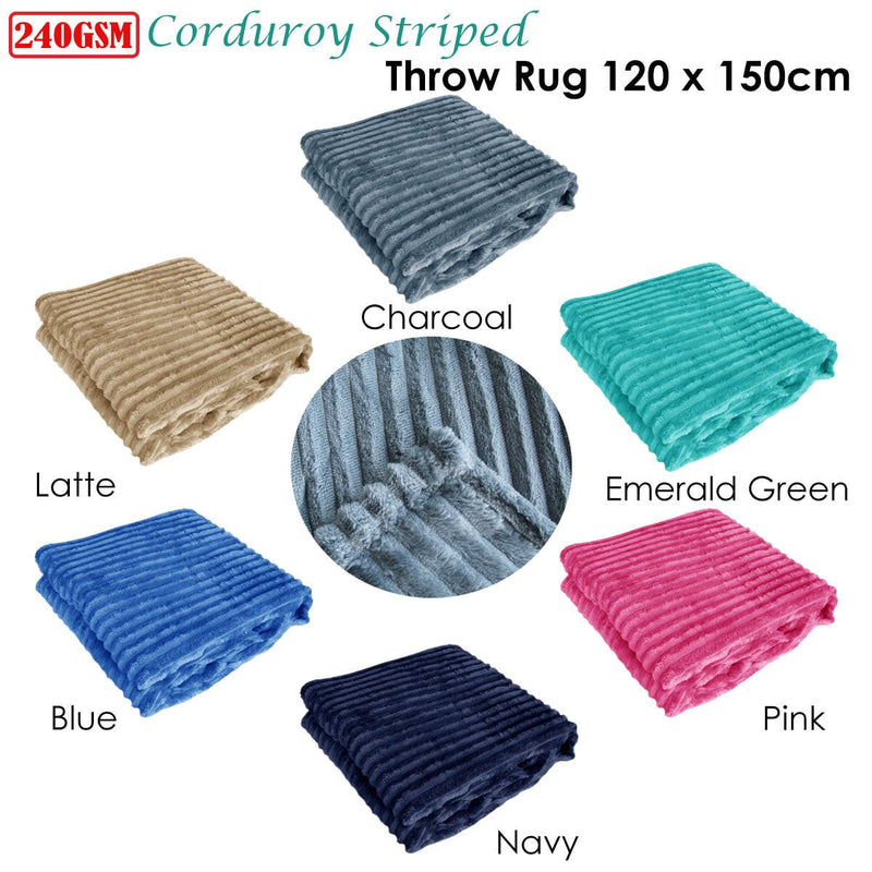 240GSM Corduroy Striped Throw Rug Blue Payday Deals