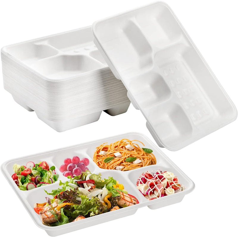 240pcs Sugarcane Bagasse 5 Compartment Lunch Paper Tray Plates 28x22cm Bulk Payday Deals