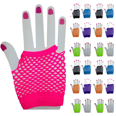24x Fishnet Gloves Fingerless Wrist Length 70s 80s Women's Costume Party Bulk - Assorted Colour Pack