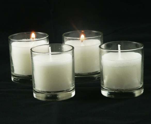 25 White Wax Clear Glass Holder Votive Candle - Wedding Event Centrepiece Table Decoration Payday Deals