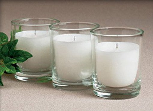 25 White Wax Clear Glass Holder Votive Candle - Wedding Event Centrepiece Table Decoration Payday Deals