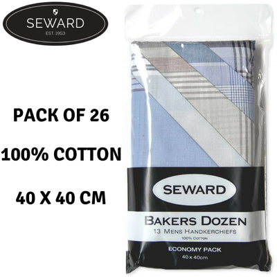 26x SEWARD Mens Handkerchiefs 100% Cotton Everyday Square Hankies Hanky Quality Payday Deals