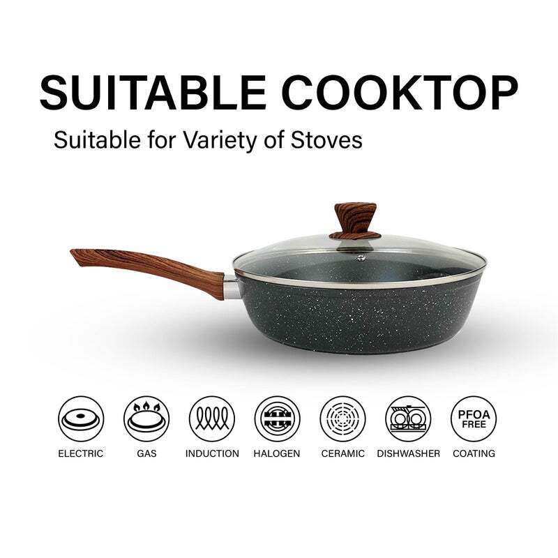 28cm Marble Non-Stick Sautepan Frypan Wok w/Lid Cookware Kitchen Payday Deals