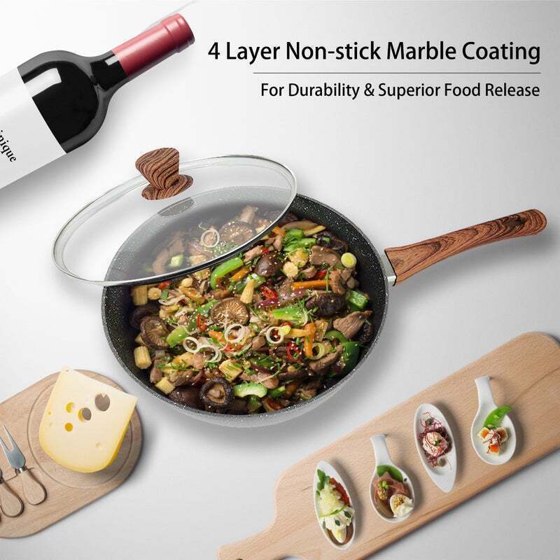 28cm Marble Non-Stick Sautepan Frypan Wok w/Lid Cookware Kitchen Payday Deals