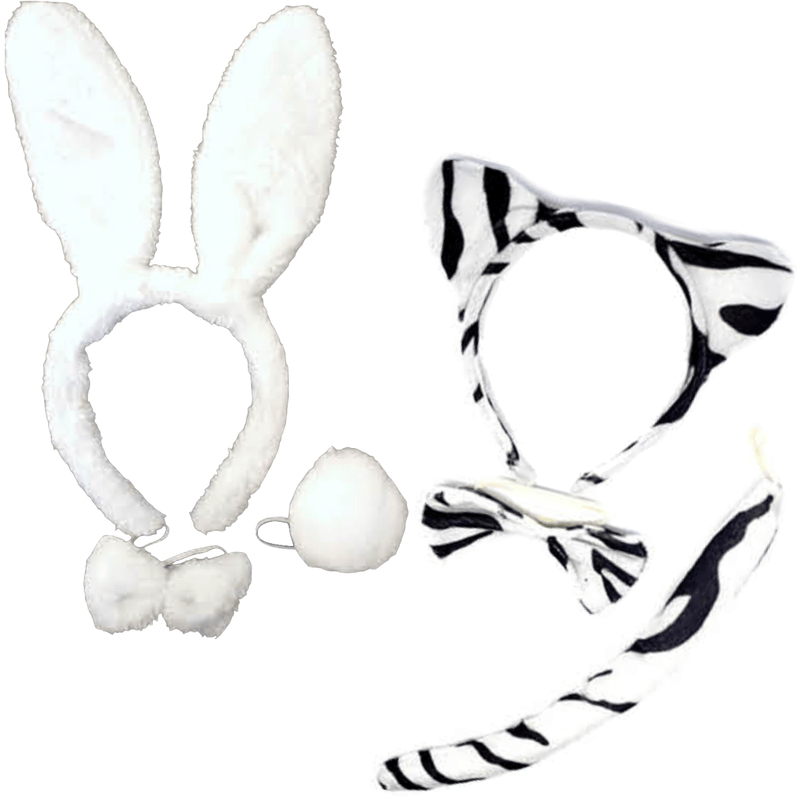 2pc Set Animal Headband w Bow Tail Rabbit + Zebra Ears Costume Halloween Party Payday Deals