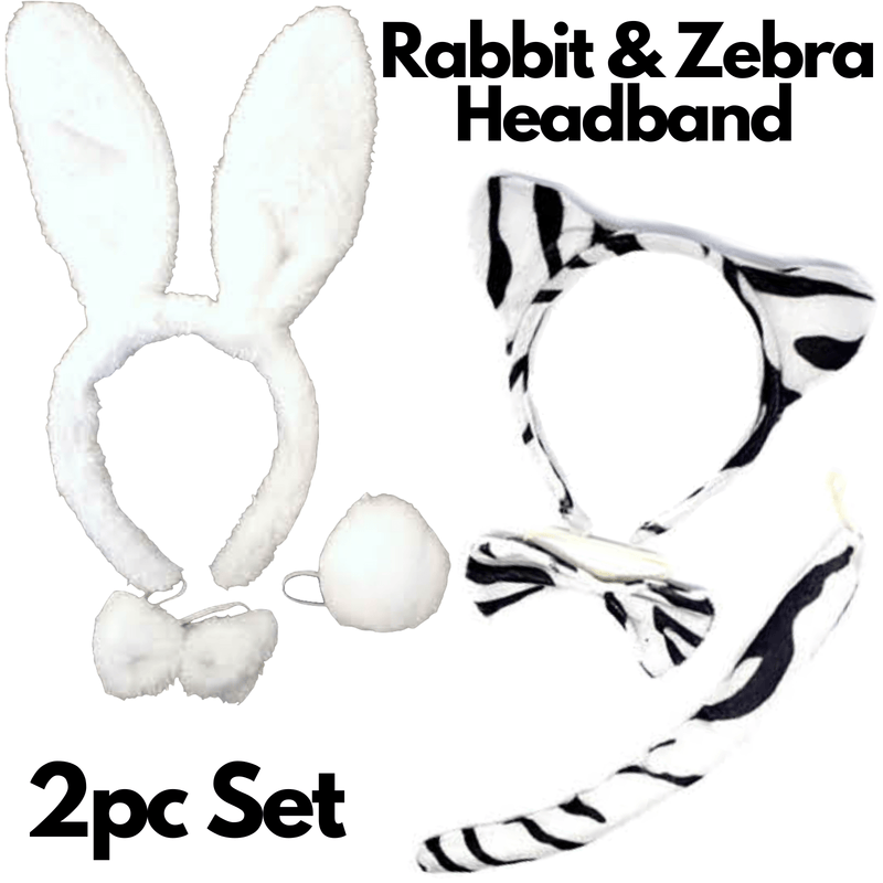 2pc Set Animal Headband w Bow Tail Rabbit + Zebra Ears Costume Halloween Party Payday Deals