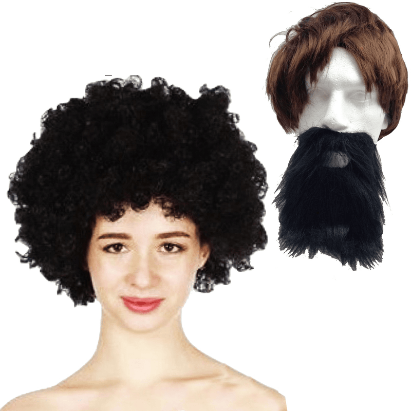 2pc Set Black Jumbo Afro Wig + Party Beard Moustache Costume Fancy Dress Fake Hair Payday Deals