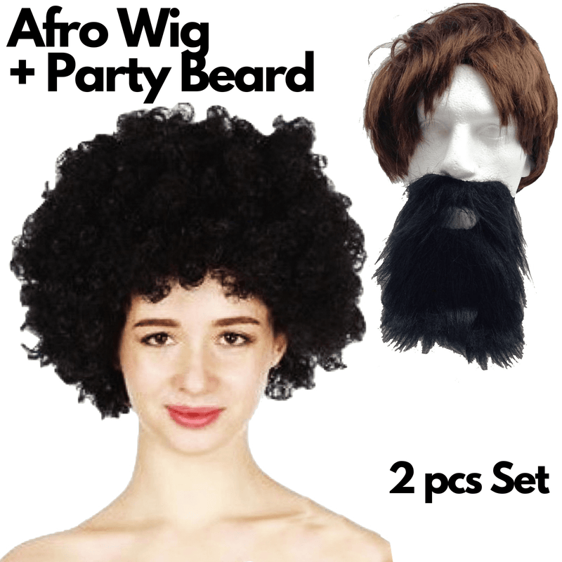 2pc Set Black Jumbo Afro Wig + Party Beard Moustache Costume Fancy Dress Fake Hair Payday Deals