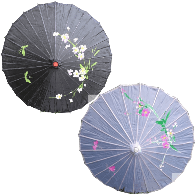 2pc Set Parasol Umbrella Black + White Chinese Japanese Bamboo Flower Pattern Payday Deals