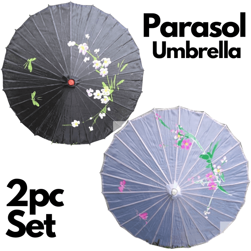 2pc Set Parasol Umbrella Black + White Chinese Japanese Bamboo Flower Pattern Payday Deals