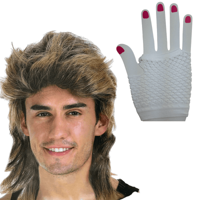 2Pcs Set Golden Blonde Bullet Wig + Fishnet Gloves 70s 80s Womens Costume Party