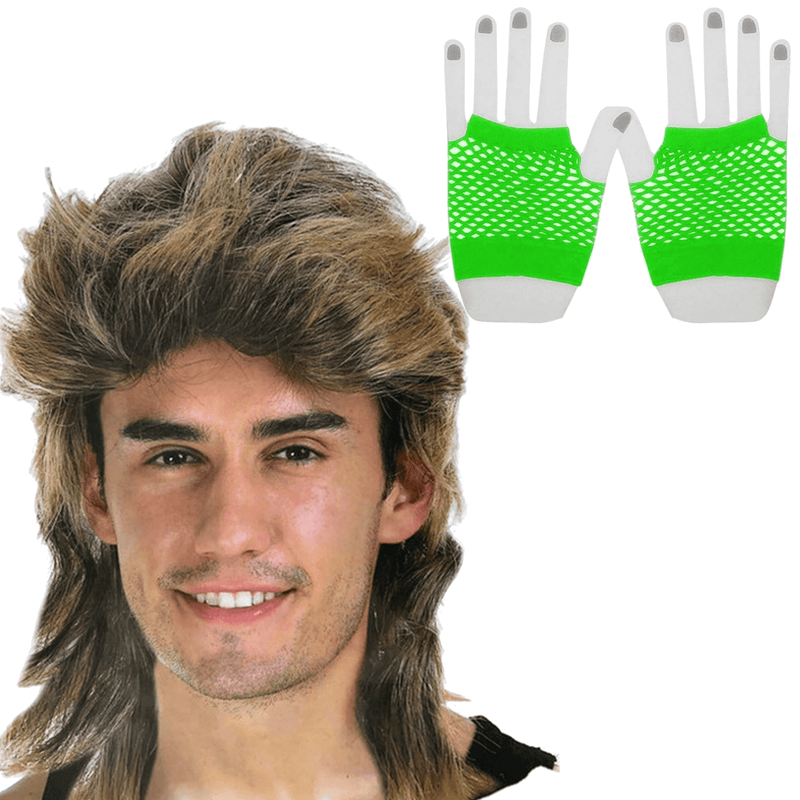 2Pcs Set Golden Blonde Bullet Wig + Fishnet Gloves 70s 80s Womens Costume Party Payday Deals