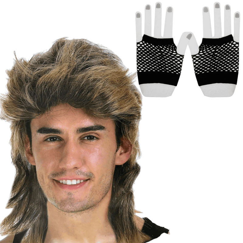 2Pcs Set Golden Blonde Bullet Wig + Fishnet Gloves 70s 80s Womens Costume Party Payday Deals