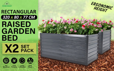 2X 2-in-1 Raised Garden Bed Galvanised Steel Planter 320 x 80 x 77cm GREY Payday Deals