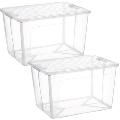 2x 82 Litre Modular Clear Foldable Storage Box with Lid Plastic Tub Collapsible
