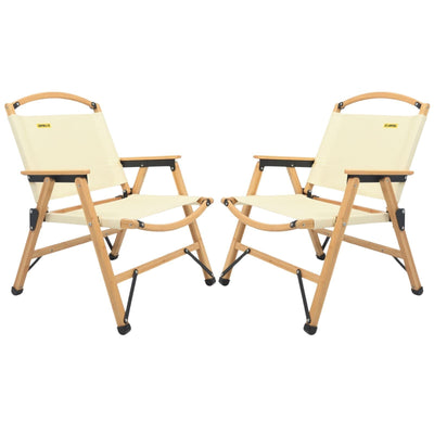 2x Bamboo Canvas Foldable Outdoor Camping Chair Wooden Picnic Park - Khaki/Beige Payday Deals