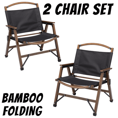 2x Bamboo Canvas Foldable Outdoor Camping Chair Wooden Travel Picnic Park - Black Payday Deals