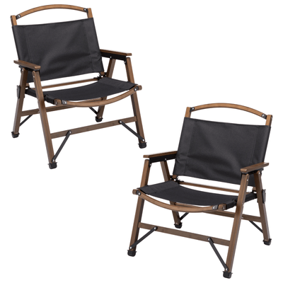 2x Bamboo Canvas Foldable Outdoor Camping Chair Wooden Travel Picnic Park - Black Payday Deals