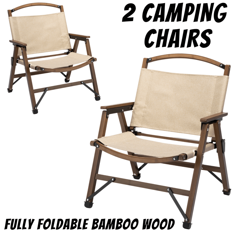 2x Bamboo Foldable Outdoor Camping Chair Wooden Travel Picnic Park Folding - Khaki/Beige Payday Deals